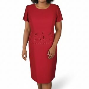 R&M Richards Midi Dress 16 Red Embroidered Beaded Velvet Flowers Flutter Sleeve